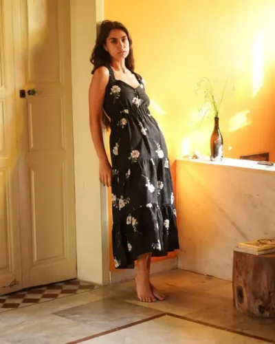 FLORAL BACKLESS LINEN MIDI DRESS