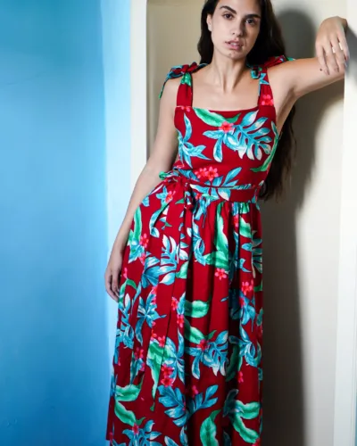 FLORAL LINEN GATHERED MIDI DRESS
