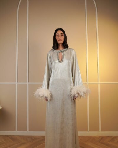 Feather Trimmed Embellished Maxi Gown - Image 3