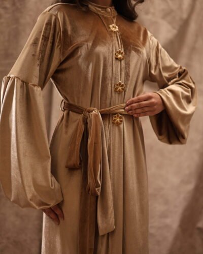 Glamorous Velvet Abaya enriched with golden feminine flower metal buttons - Image 3
