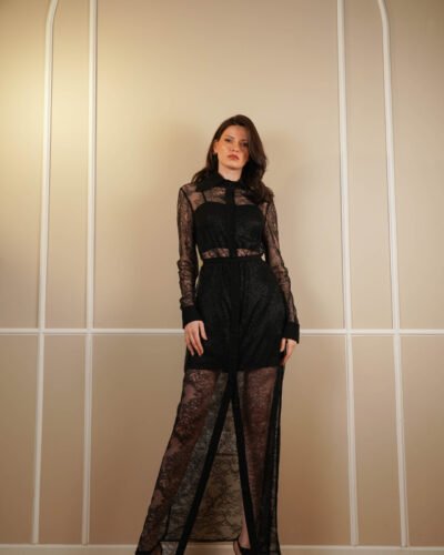 Couture lace dress contoured with swissed crepe