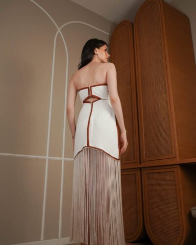Fringed asymmetrical demi couture creamy dress