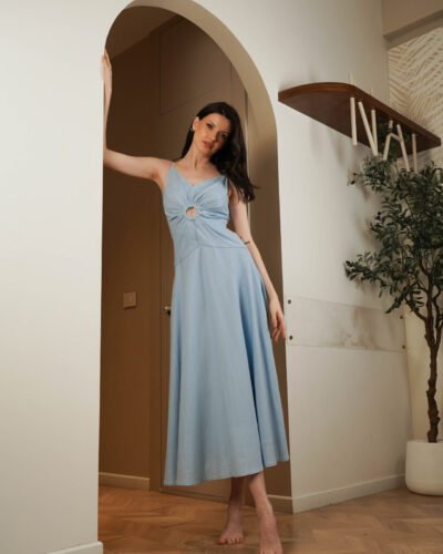 Linen midi demi couture flower dress