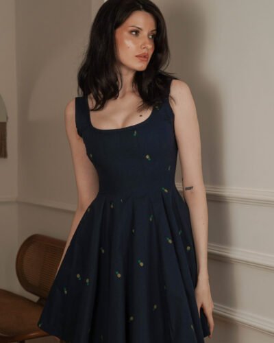 Italian navy blue poplin little dress Emroidered with pineapples