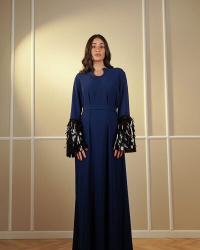 Crystal embellished trimmed crepe gown