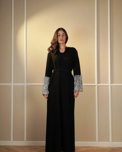 Crystal embellished trimmed crepe gown black