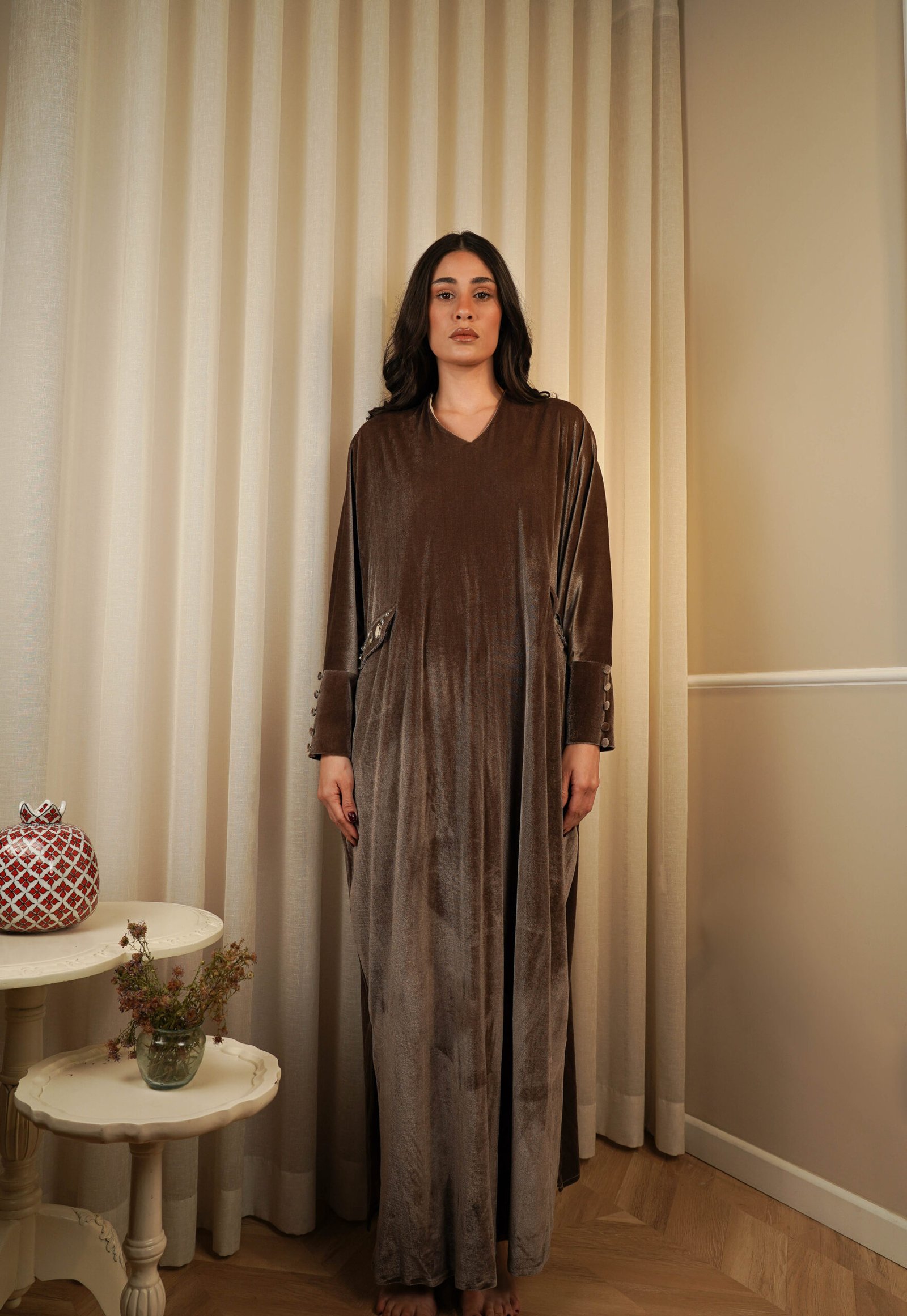Crystal-embellished wood-toned velvet jalabiya