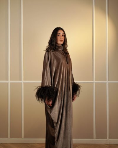 Feather cuffed bronze velvet amour abaya