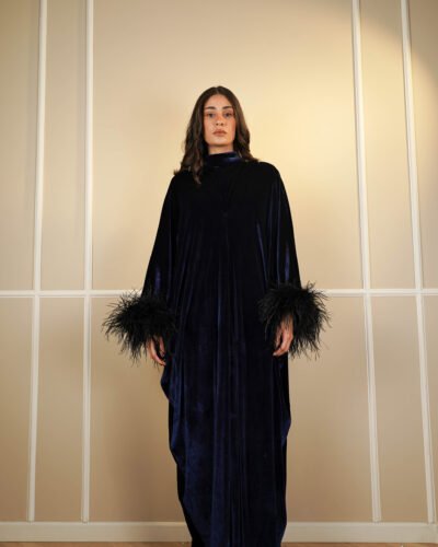 Feather cuffed blue velvet amour abaya