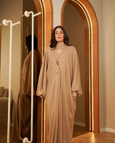 Knit kaftan with slim Dress in sand color