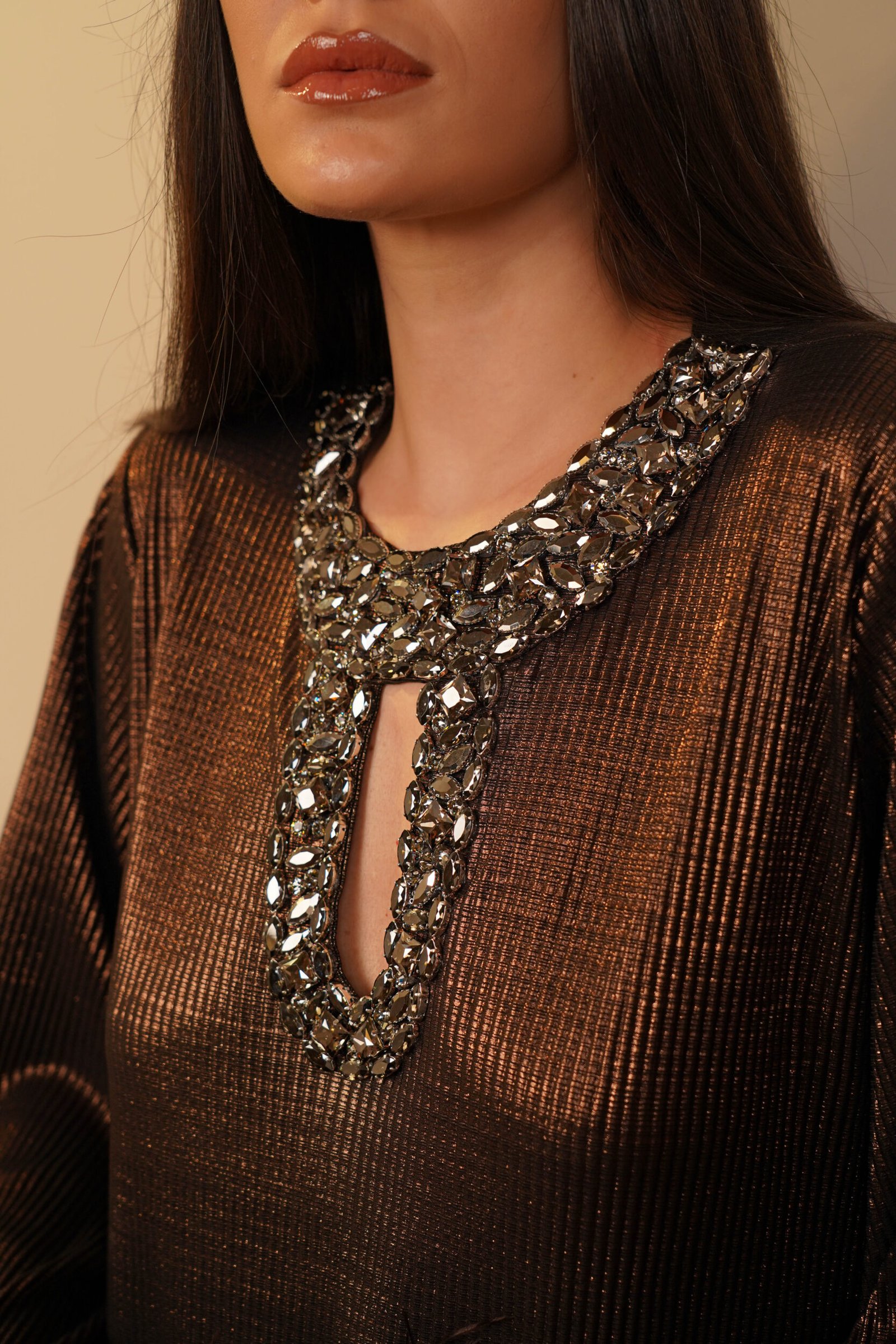 Samra Bronze Feather Trimmed Embellished Maxi Gown - Image 2