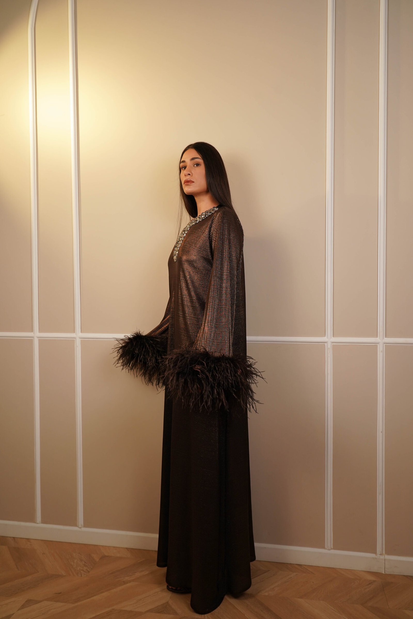 Samra Bronze Feather Trimmed Embellished Maxi Gown - Image 3