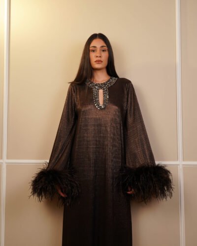 Samra Bronze Feather Trimmed Embellished Maxi Gown