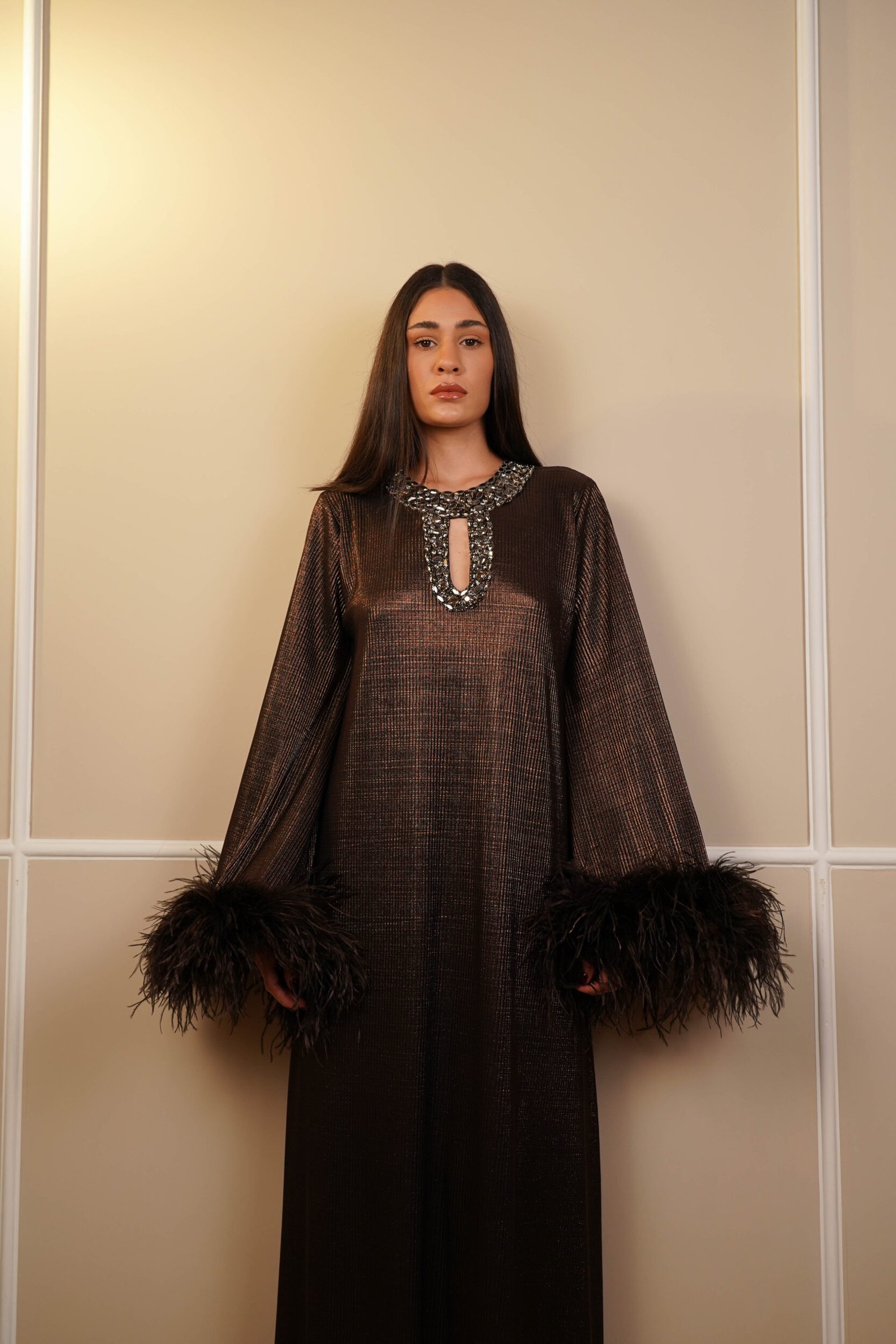 Samra Bronze Feather Trimmed Embellished Maxi Gown