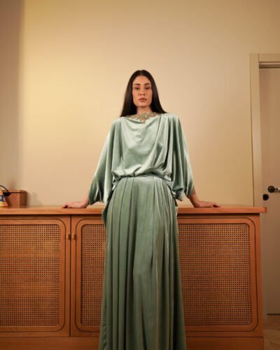 AMEERA Mint Boat Neck Gown Gold Floral Embroidery