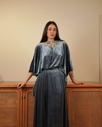 SAMA Sky Gray Velvet Cape Gown Gold Rose Embroidery