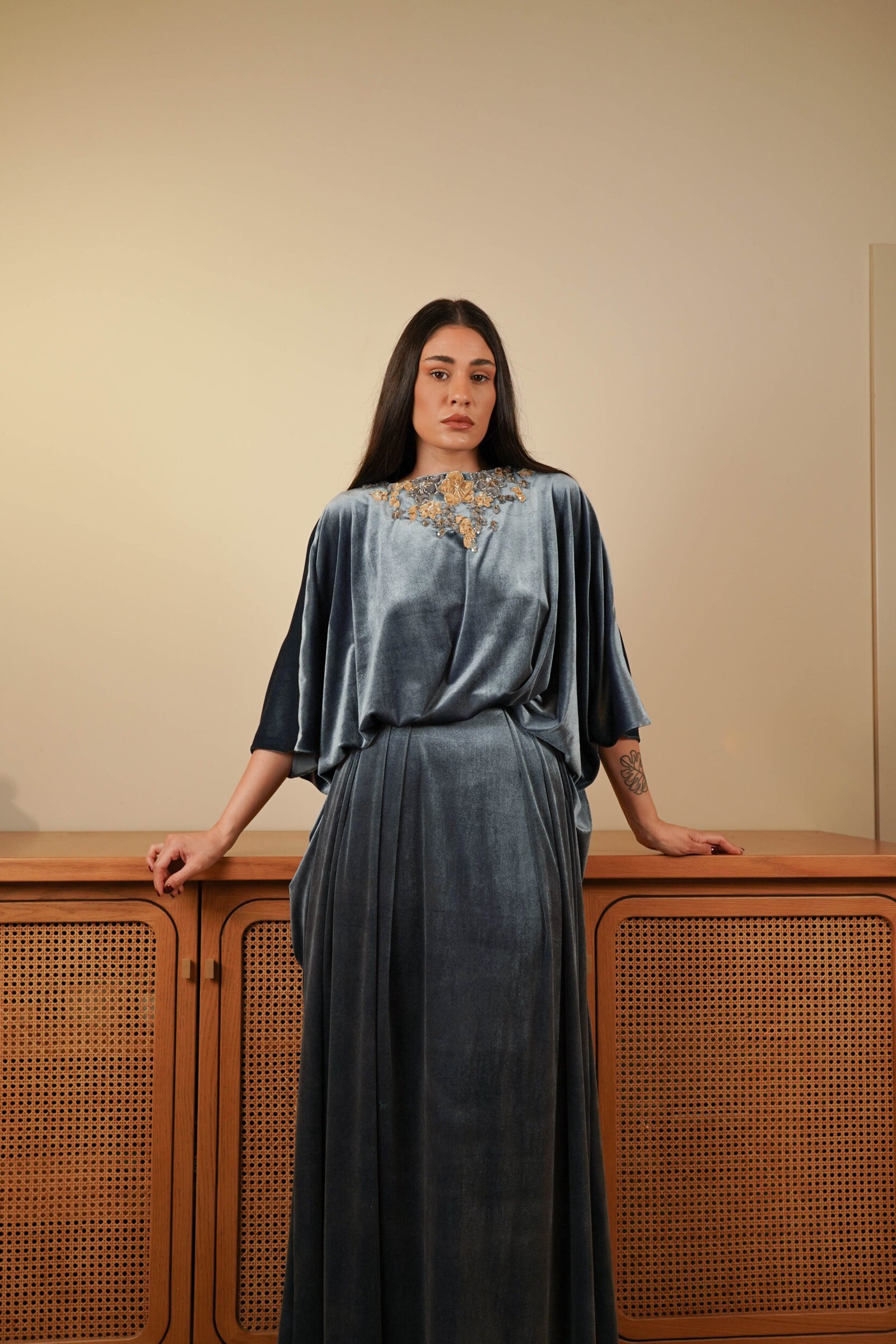 SAMA Sky Gray Velvet Cape Gown Gold Rose Embroidery