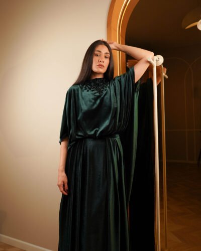 MALIKA Royal Green Velvet Gown Boat Neck Floral Embroidery