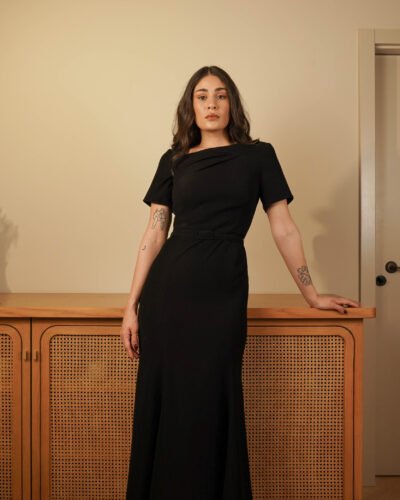 Asymmetric Belted Crepe Midi Dress