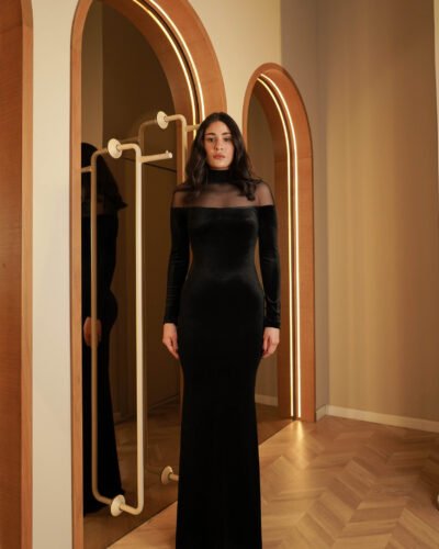 Long Sleeve Mesh Insert Velvet Maxi Dress Black