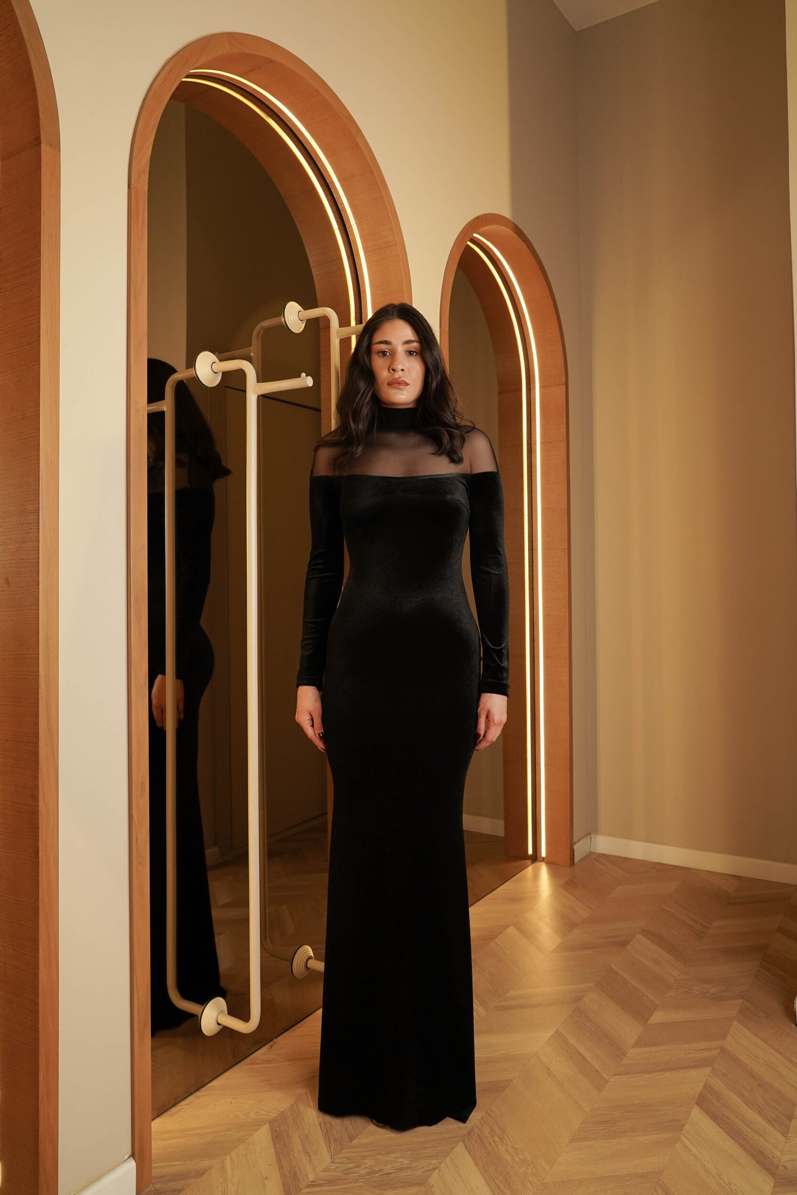 Long Sleeve Mesh Insert Velvet Maxi Dress Black