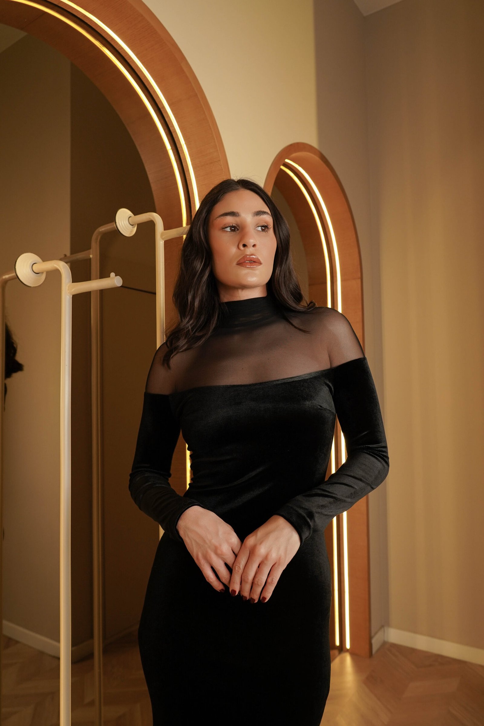 Long Sleeve Mesh Insert Velvet Maxi Dress Black - Image 3