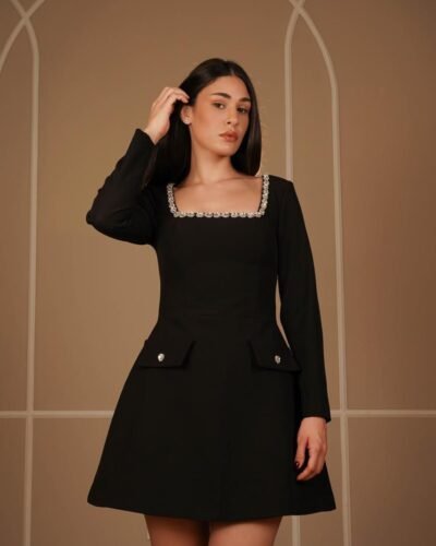 Camilla Square Neck Tweed Mini Dress Sunfere Embroidered with Real Swarovski Stones