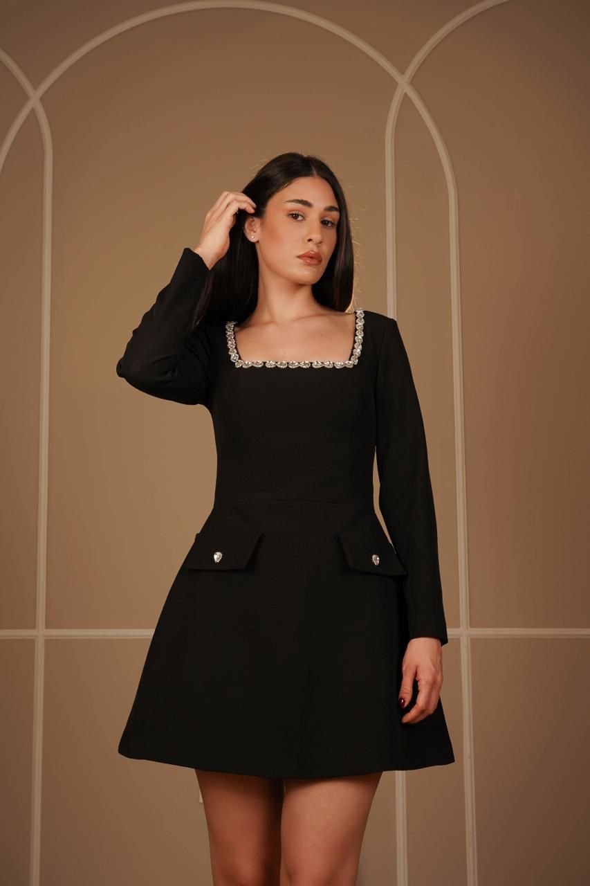 Camilla Square Neck Tweed Mini Dress Sunfere Embroidered with Real Swarovski Stones
